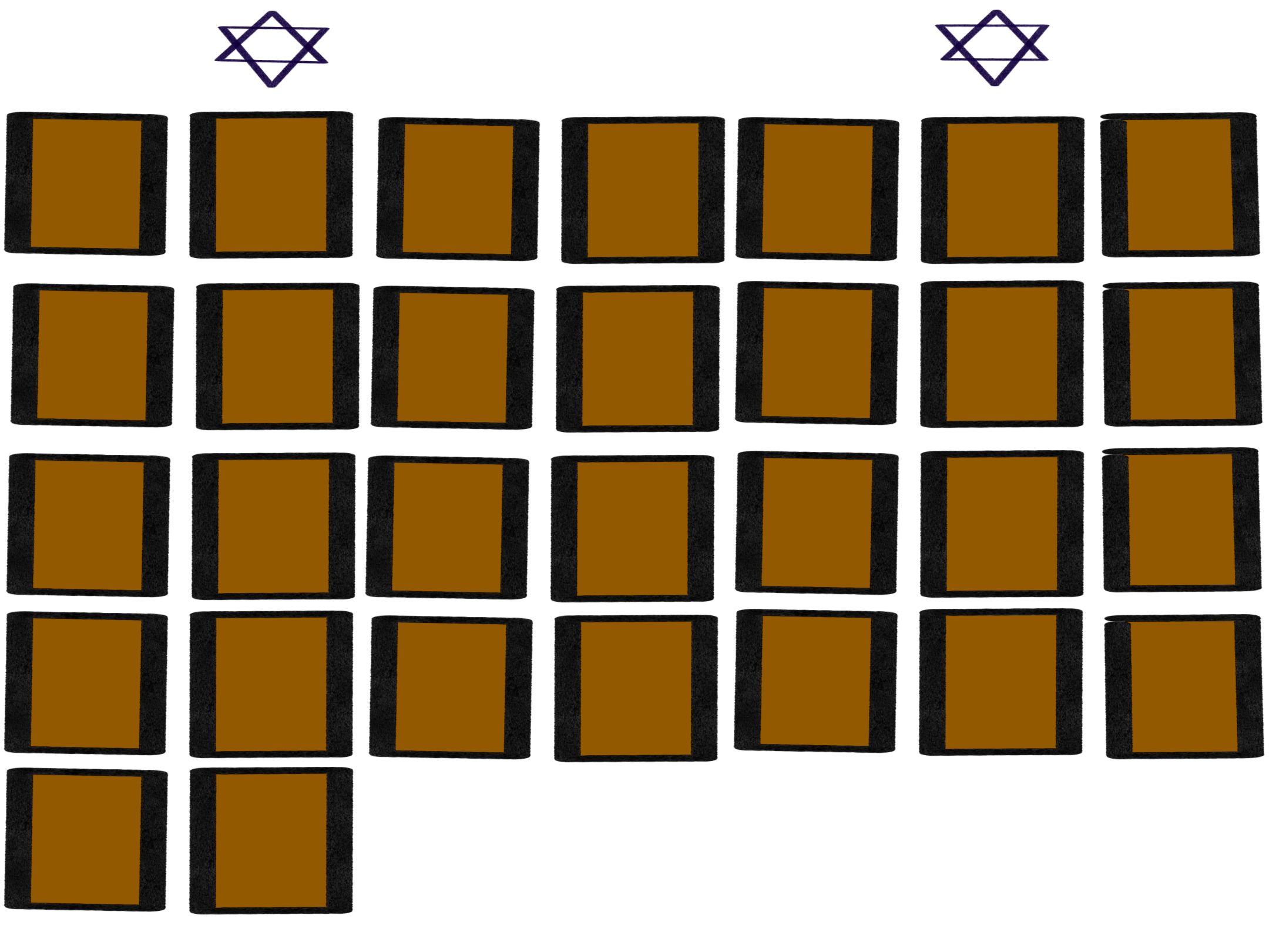 A simple drawing of a monthly calendar for the month of Tishrei. It has the word Tishrei written in white on the top with two blue Magen Davids flanking it. Below the word are thirty golden boxes in rows. 